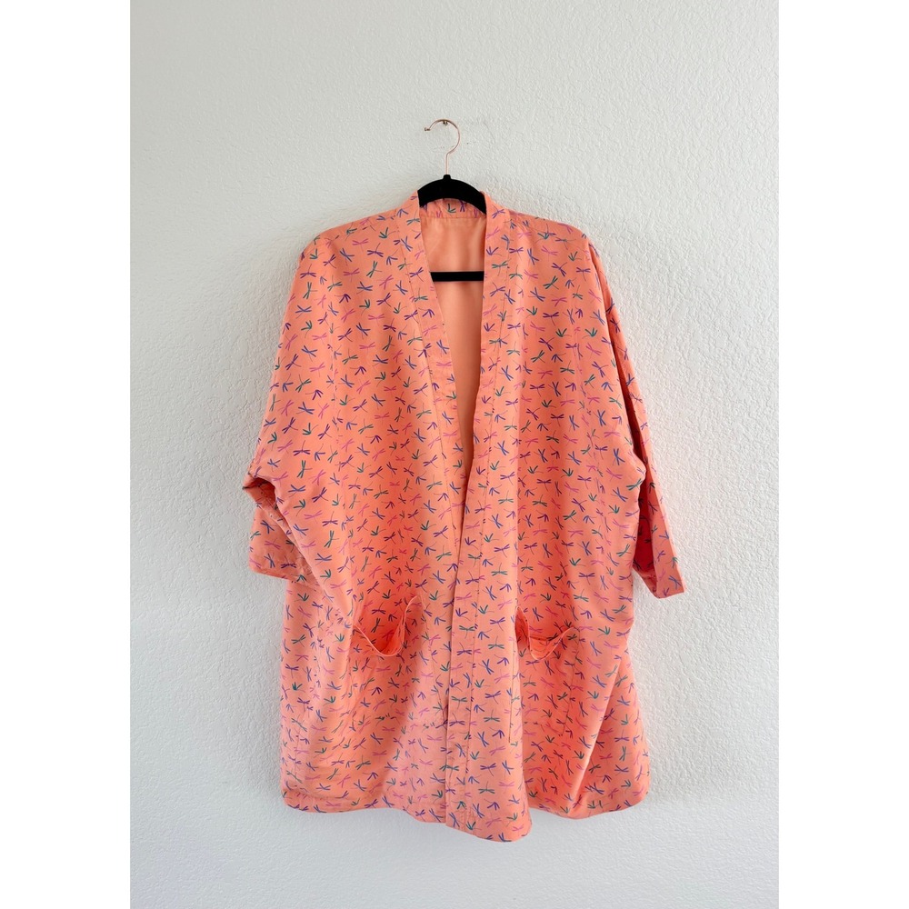 Vintage Kimono Robe Women One Size Coral Dragonfly Print Good Condition Pockets